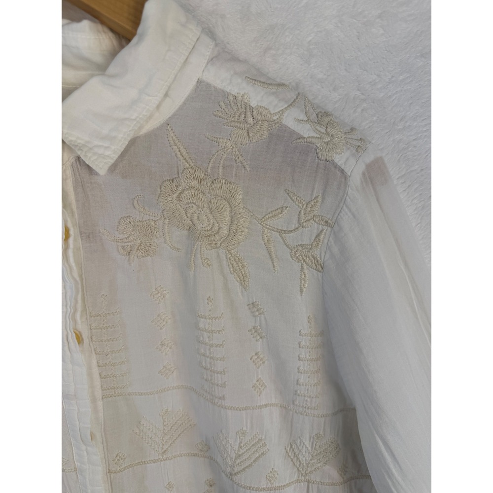 Johnny Was 3J Workshop White Embroidered Cotton Button Down Boho Shirt Womens L - Picture 5 of 11